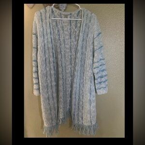 Christopher & Banks Blue and White Open-Front Cardigan with a fringed bottom
